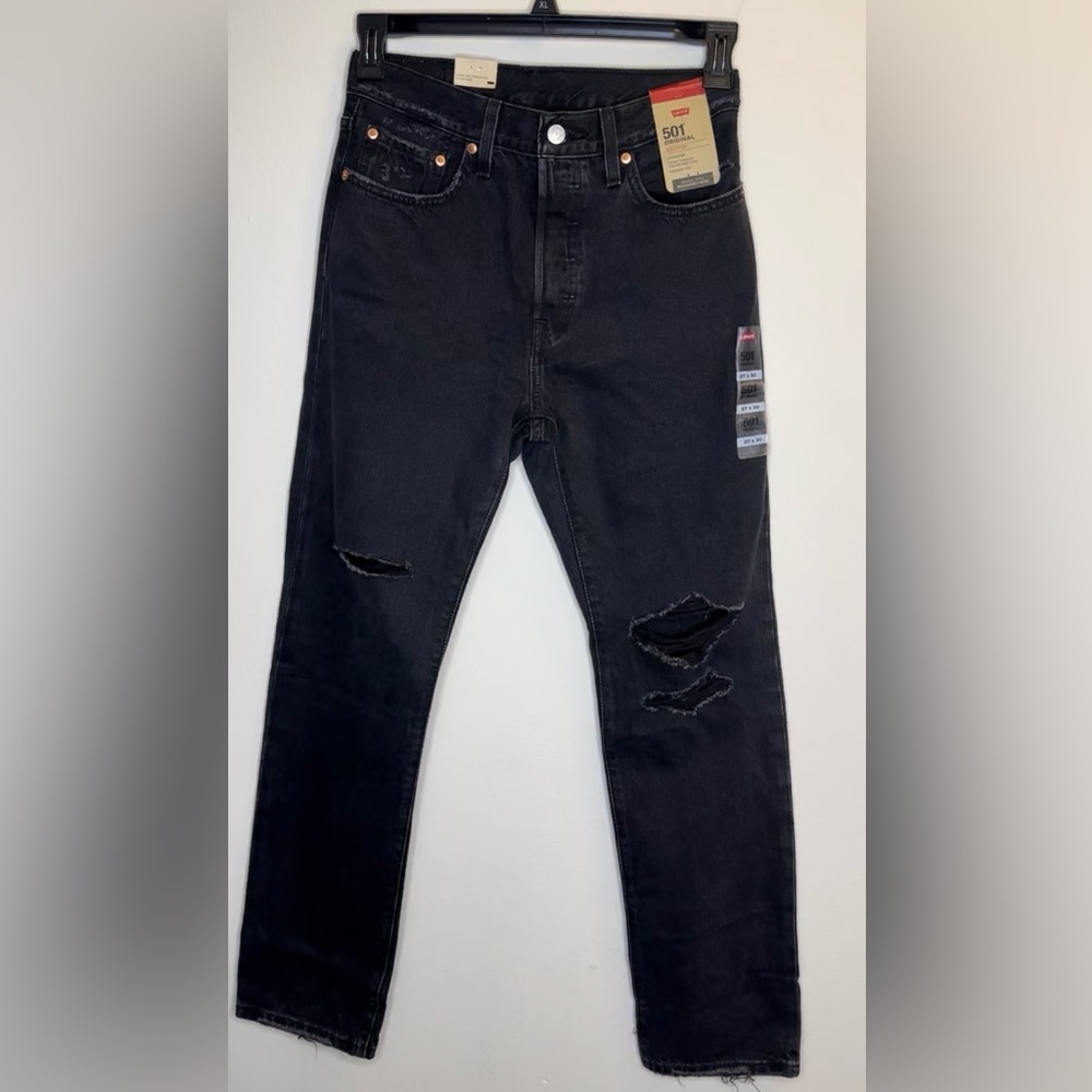 NWT Levi's Women 501 High-Rise Straight Jeans Distressed Button Fly Black 27x30